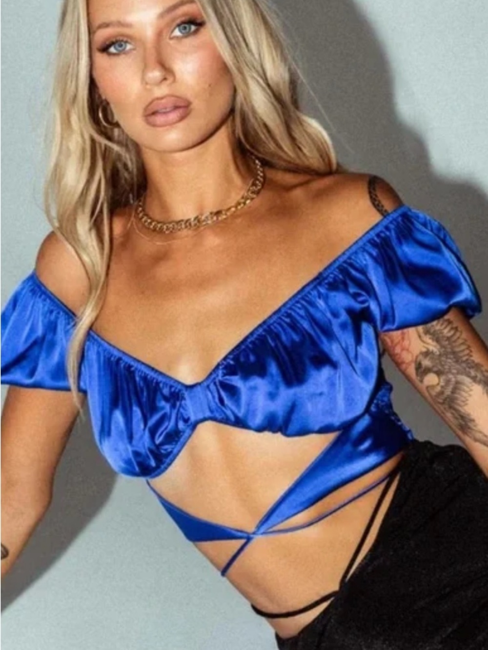 Princess Polly Royal Blue Satin Wrap Crop Top
